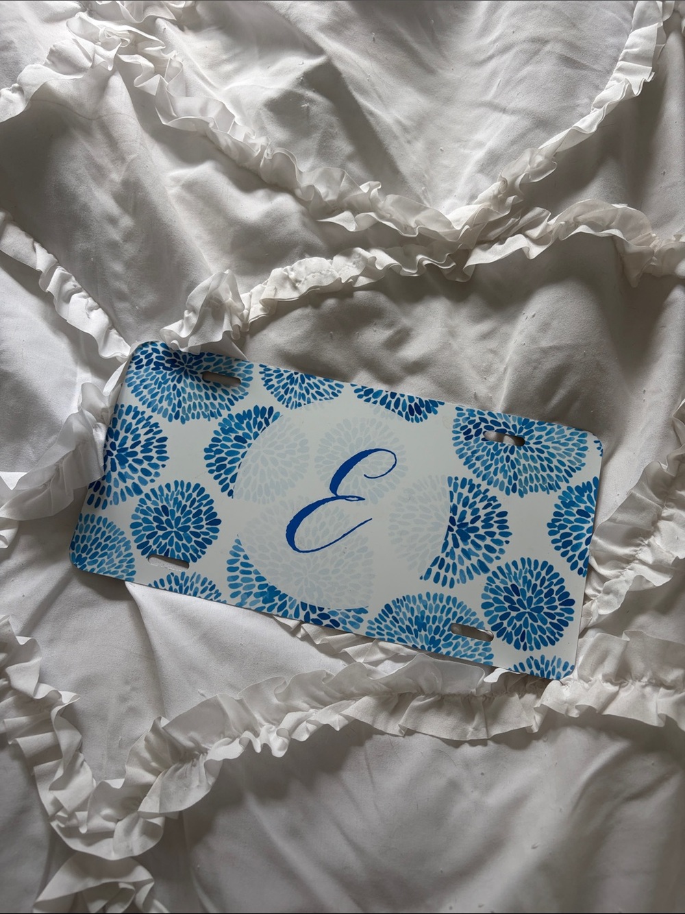 Monogrammed 'E' Decorative Plate - Blue Floral Design on White
